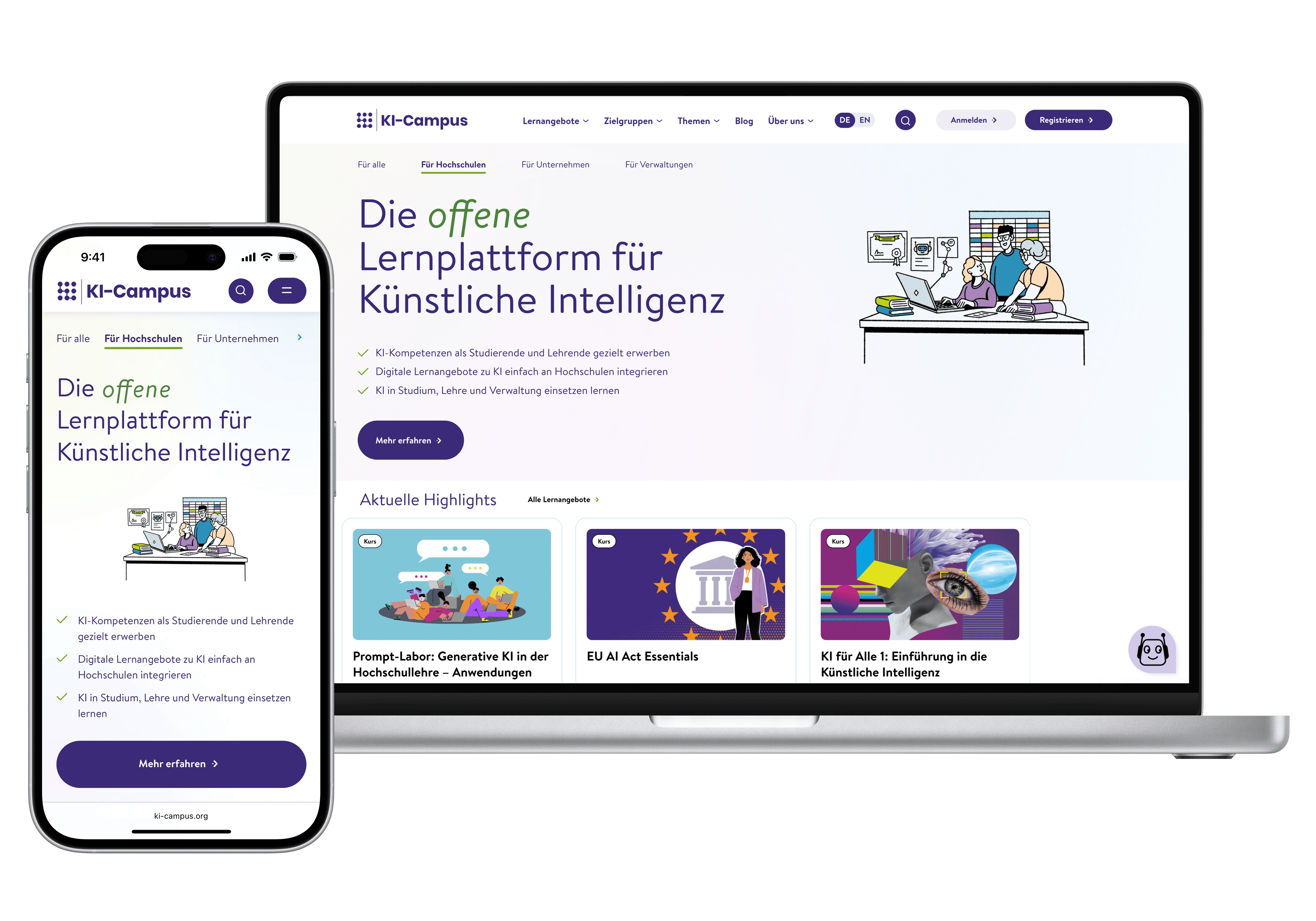 Mockup der KI-Campus-Landingpage für Hochschulen