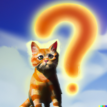 Abbildung 2: Bild einer Katze mit einem Fragezeichen im Hintergrund. Generiert mit dem KI-Tool DALL·E 2 (OpenAI).