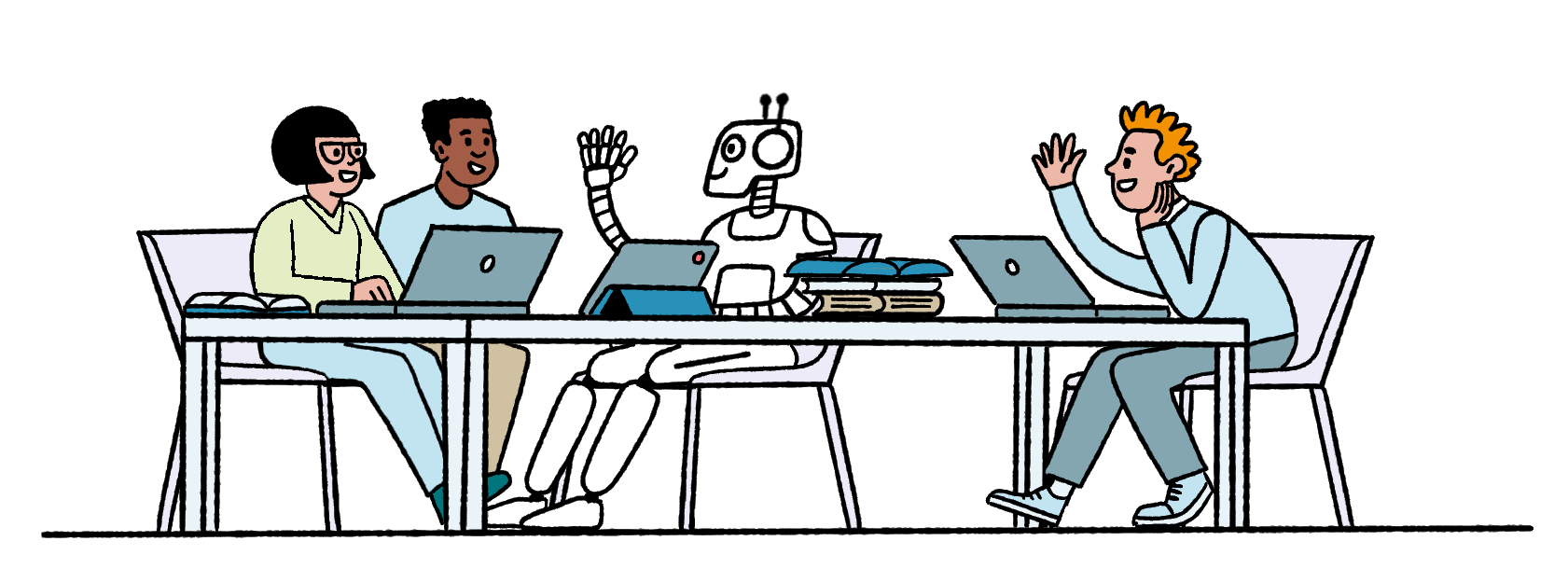 KI-Campus_Illustration_Austausch-Menschen-und-Roboter-Tisch-Laptop