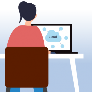 Grafik Person an Computer mit Cloud auf dem Bildschirm