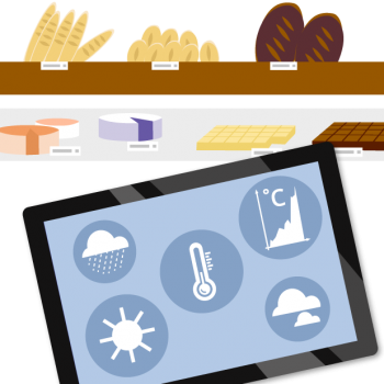 Grafik Kuchen, Brötchen neben einem Tablet mit Wettergrafiken