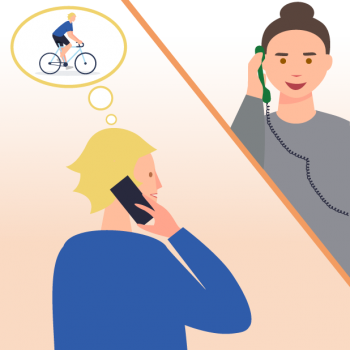 Grafik Personen am Telefon mit Fahrrad in Gedankenblase