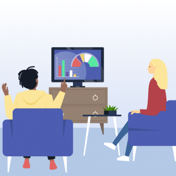 Grafik Personen vor TV mit Diagrammen