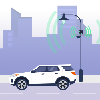 Grafik Auto fährt an einer smarten Straßenlaterne vorbei