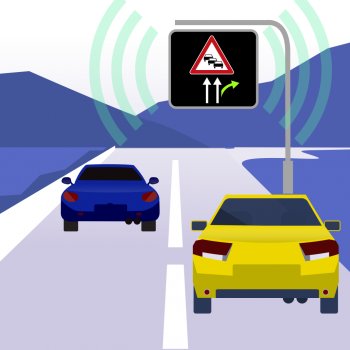 Grafik Autos werden von einer Hinweistafel an einem Stau vorbeigelenkt