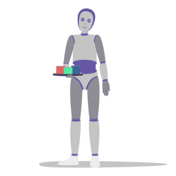 Grafik Roboter mit Tablett und Farbtöpfen