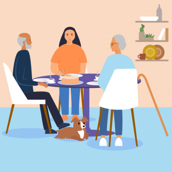 Grafik junge Frau mit Großeltern am Tisch