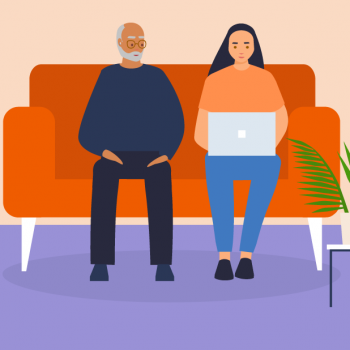 Grafik junge Frau und Großvater sitzen auf dem Sofa mit Laptop