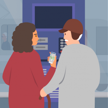 Grafik Frau und Mann unterhalten sich vor Fahrkartenautomat