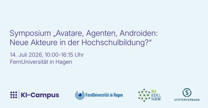 Symposium-Ankündigung mit Logos von KI-Campus, FernUni Hagen und weiteren Partnern auf hellblauem Hintergrund.